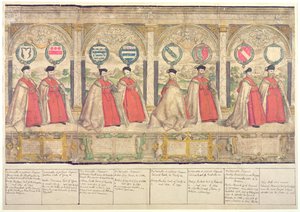 Imaginary Composite Procession of the Order of the Garter at Windsor, indgraveret af Marcus Gheeraerts den ældre 1576 (farvet radering) af English School